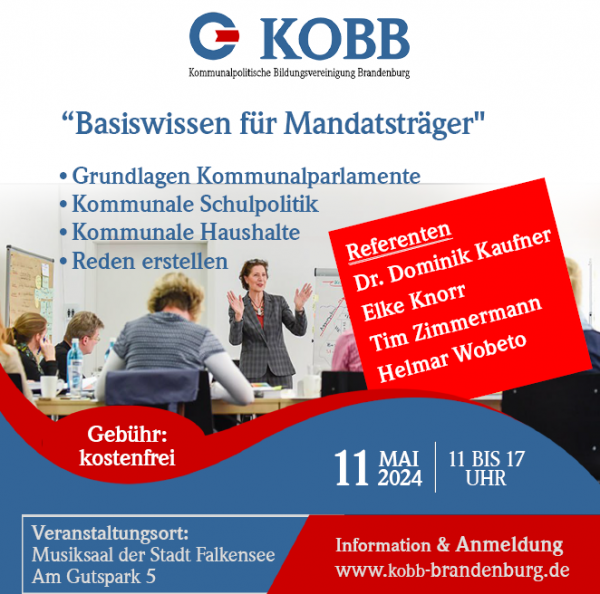 Empfehlung für das Seminar: Basiswissen für kommunale Mandatsträger 11.5.24 Falkensee